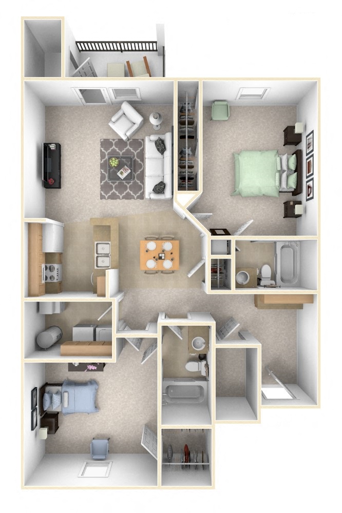 Floor plan for 2 beds, 2 baths, 1192 sqft